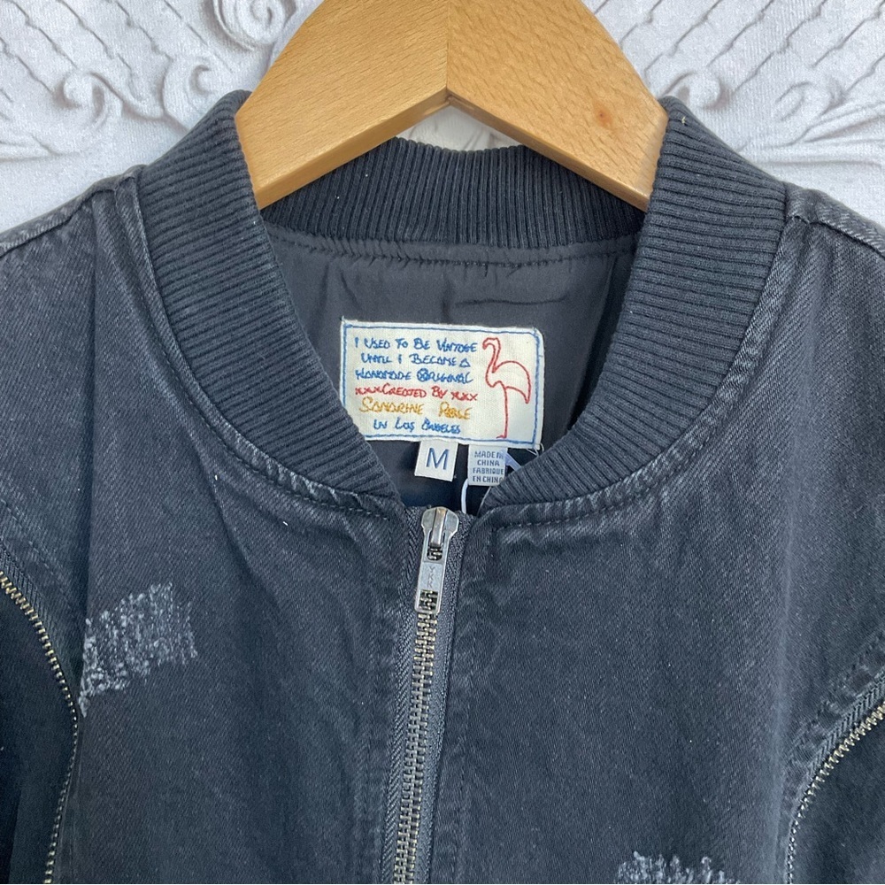Sandrine Rose FREE PEOPLE Zip Bomber Black Denim Jacket Women’s Size Medium New - Picture 3 of 7